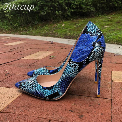 Women Blue Python Snakeskin Pointed Toe High Heels - High Heels - Tikicup - Mad Fly Essentials