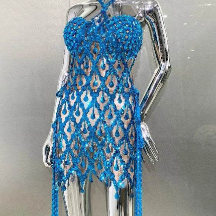 Women Blue Sequin Diamond Tassel Mini Dress - Mini Dress - Dream Girl - Mad Fly Essentials