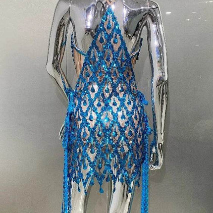 Women Blue Sequin Diamond Tassel Mini Dress - Mini Dress - Dream Girl - Mad Fly Essentials