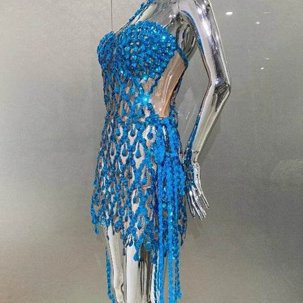 Women Blue Sequin Diamond Tassel Mini Dress - Mini Dress - Dream Girl - Mad Fly Essentials