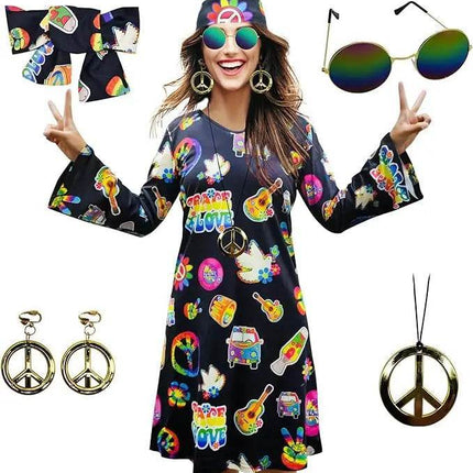 Boho Girl Women 5pc Bohemian 60s Dress Costume Set - Costume Set - Boho Girl - Mad Fly Essentials
