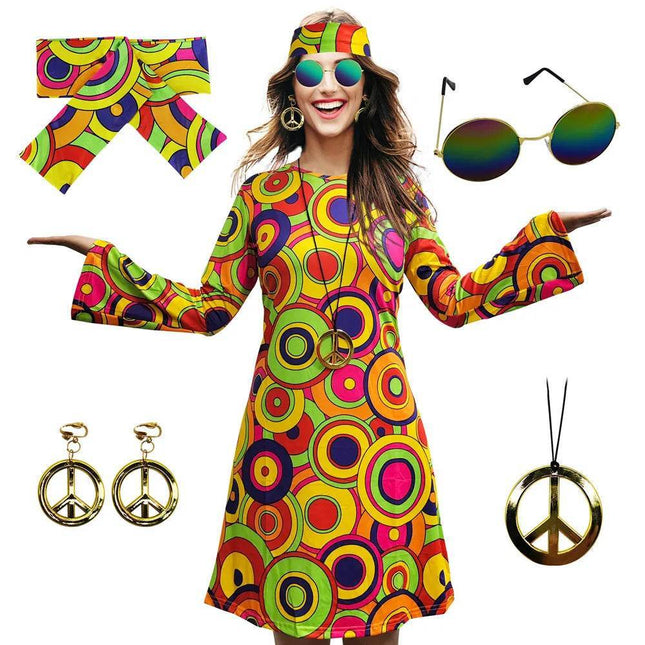 Boho Girl Women 5pc Bohemian 60s Dress Costume Set - Costume Set - Boho Girl - Mad Fly Essentials