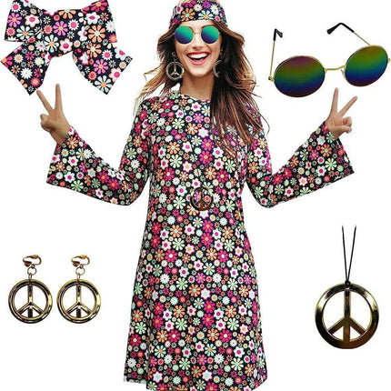 Boho Girl Women 5pc Bohemian 60s Dress Costume Set - Costume Set - Boho Girl - Mad Fly Essentials