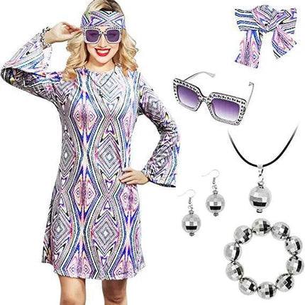 Boho Girl Women 5pc Bohemian 60s Dress Costume Set - Costume Set - Boho Girl - Mad Fly Essentials