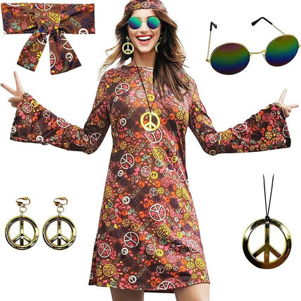 Boho Girl Women 5pc Bohemian 60s Dress Costume Set - Costume Set - Boho Girl - Mad Fly Essentials
