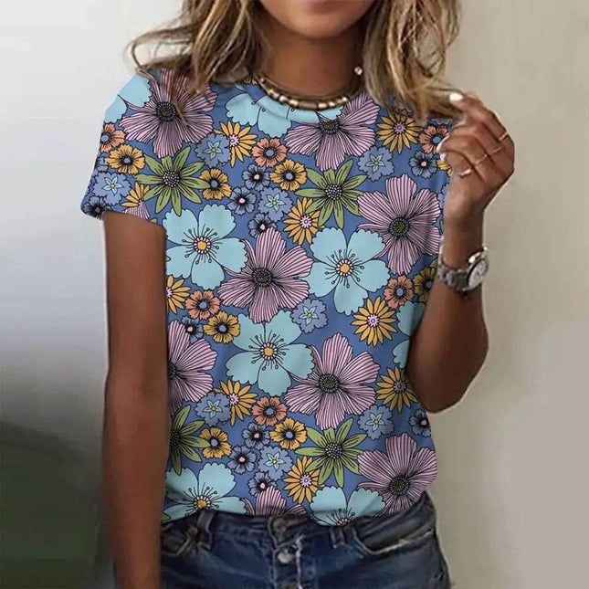 Women Bohemian Fashion Floral O-Neck Short Shirt - Mad Fly Essentials