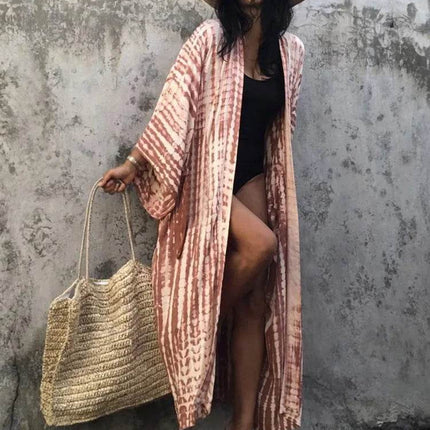 Women Boho Stripe Tie Dye Swimsuit Cover Up Cardigan Beach Dress - Beach Dress - Boho Girl - Mad Fly Essentials