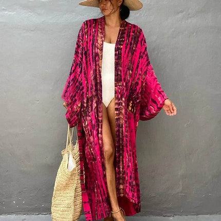 Women Boho Stripe Tie Dye Swimsuit Cover Up Cardigan Beach Dress - Beach Dress - Boho Girl - Mad Fly Essentials
