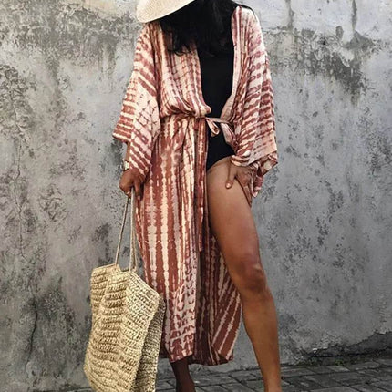 Women Boho Stripe Tie Dye Swimsuit Cover Up Cardigan Beach Dress - Beach Dress - Boho Girl - Mad Fly Essentials