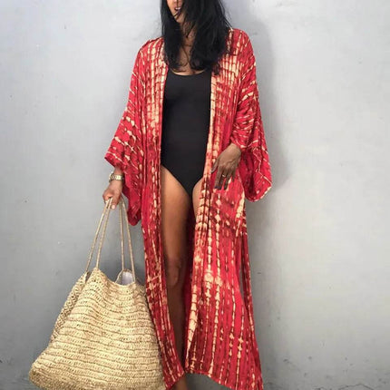 Women Boho Stripe Tie Dye Swimsuit Cover Up Cardigan Beach Dress - Beach Dress - Boho Girl - Mad Fly Essentials