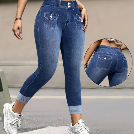 Women Bottoms High Waist Denim Double Button Jeans - Women Bottoms - Logami - Mad Fly Essentials