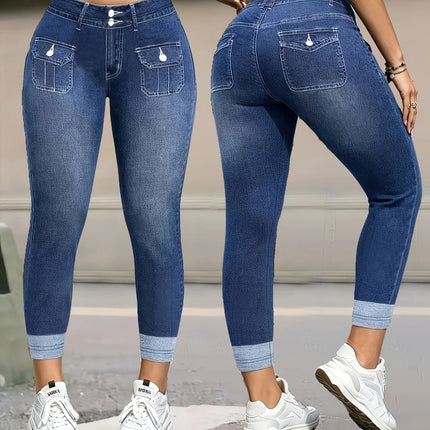 Women Bottoms High Waist Denim Double Button Jeans - Women Bottoms - Logami - Mad Fly Essentials