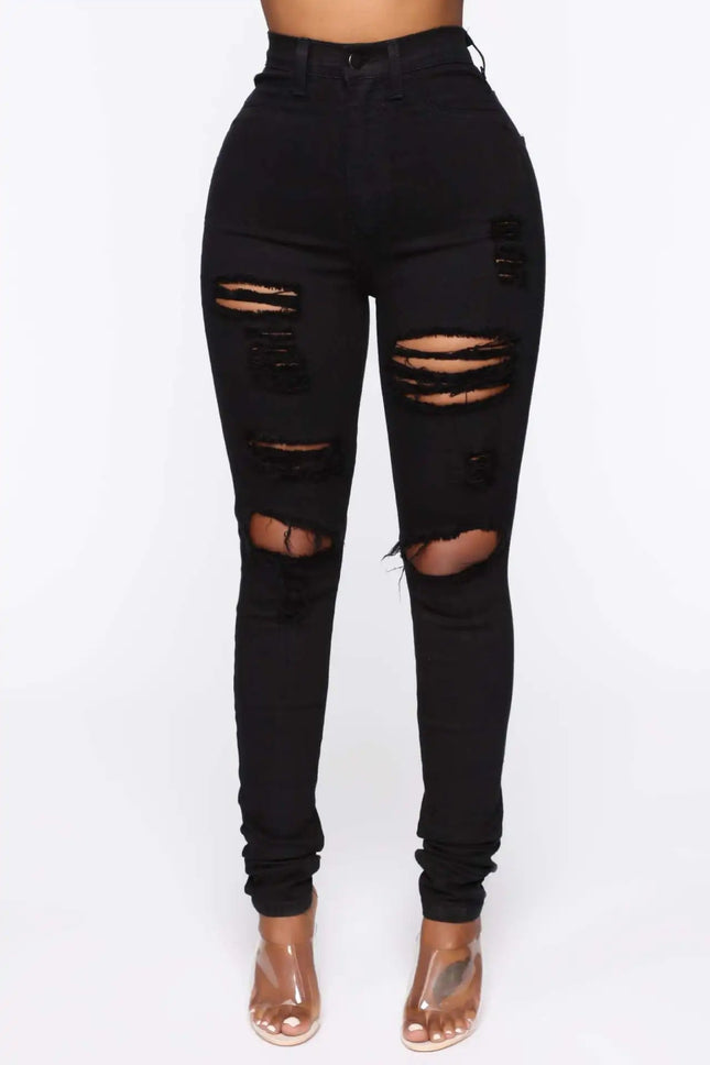 Women Bottoms High Waist Slim Ripped Hole Jeans - Women Bottoms - Logami - Mad Fly Essentials