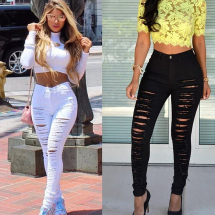 Women Bottoms High Waist Slim Ripped Hole Jeans - Women Bottoms - Logami - Mad Fly Essentials