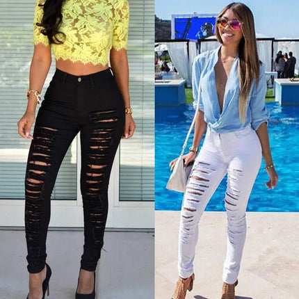 Women Bottoms High Waist Slim Ripped Hole Jeans - Women Bottoms - Logami - Mad Fly Essentials