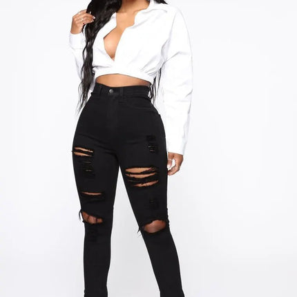 Women Bottoms High Waist Slim Ripped Hole Jeans - Women Bottoms - Logami - Mad Fly Essentials