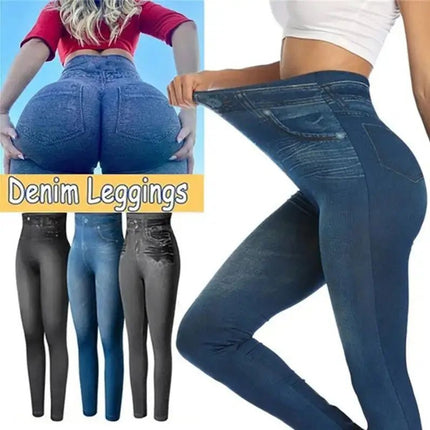 Women Bottoms Push Up Seamless Faux Denim Leggings - Women Bottoms - Avalokite - Mad Fly Essentials