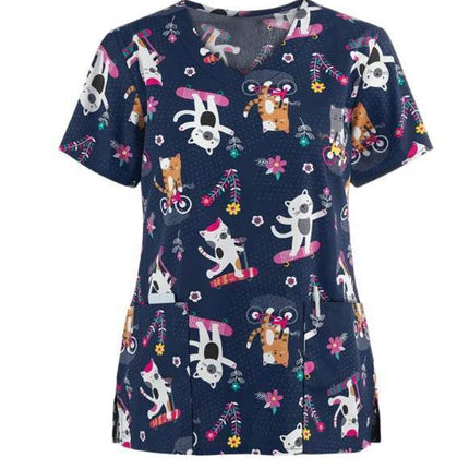 Women Cartoon Cat Dog Pet Nursing Scrub - Nursing Scrub - Nadanbao - Mad Fly Essentials