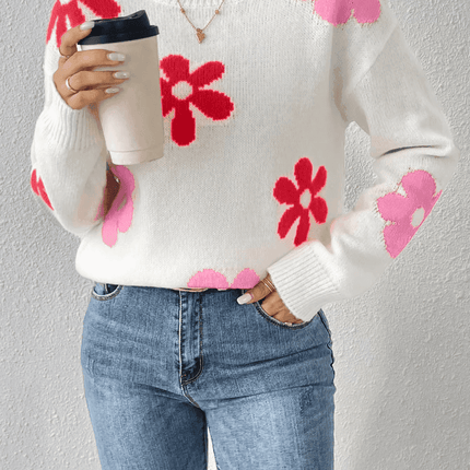 Women Crew Neck Floral Crop Sweater - Sweater - BiggOrange - Mad Fly Essentials