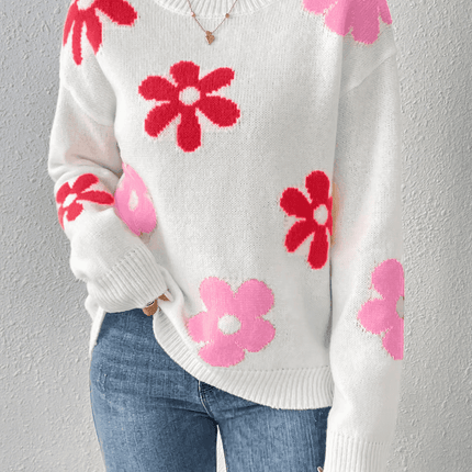 Women Crew Neck Floral Crop Sweater - Sweater - BiggOrange - Mad Fly Essentials