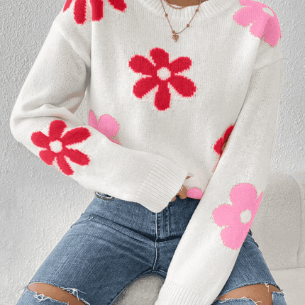 Women Crew Neck Floral Crop Sweater - Sweater - BiggOrange - Mad Fly Essentials