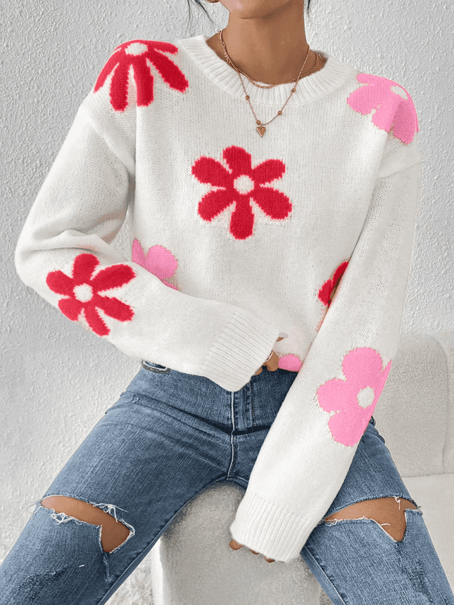 Women Crew Neck Floral Crop Sweater - Sweater - BiggOrange - Mad Fly Essentials