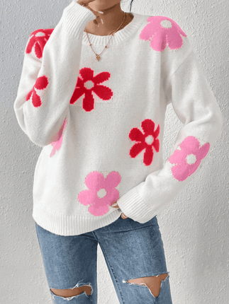 Women Crew Neck Floral Crop Sweater - Sweater - BiggOrange - Mad Fly Essentials
