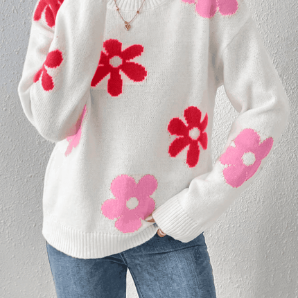 Women Crew Neck Floral Crop Sweater - Sweater - BiggOrange - Mad Fly Essentials