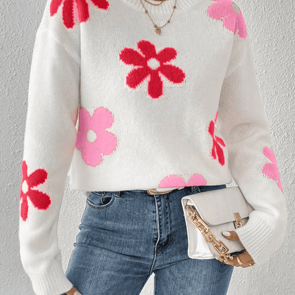 Women Crew Neck Floral Crop Sweater - Sweater - BiggOrange - Mad Fly Essentials