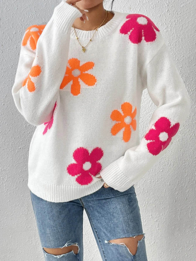 Women Crew Neck Floral Daisy Sweater - Sweater - Boho Girl - Mad Fly Essentials