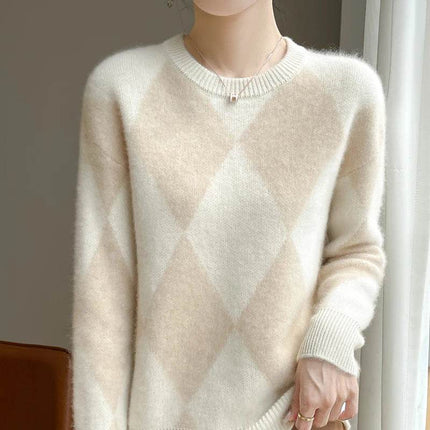 Women Crewneck Long French Plaid Sweater - Sweater - Pateekate - Mad Fly Essentials