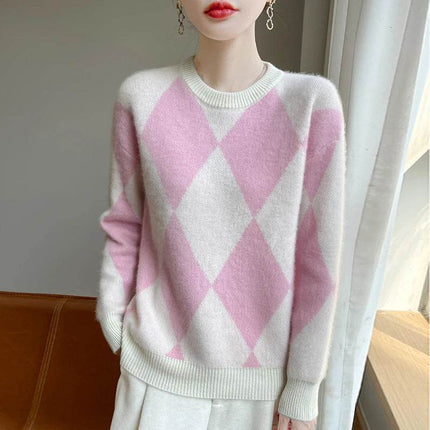 Women Crewneck Long French Plaid Sweater - Sweater - Pateekate - Mad Fly Essentials