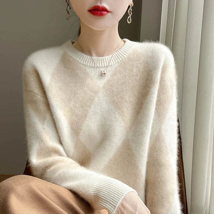 Women Crewneck Long French Plaid Sweater - Sweater - Pateekate - Mad Fly Essentials