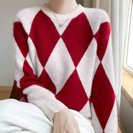 Women Crewneck Long French Plaid Sweater - Sweater - Pateekate - Mad Fly Essentials