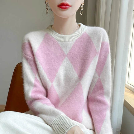 Women Crewneck Long French Plaid Sweater - Sweater - Pateekate - Mad Fly Essentials