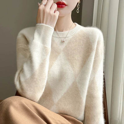 Women Crewneck Long French Plaid Sweater - Sweater - Pateekate - Mad Fly Essentials