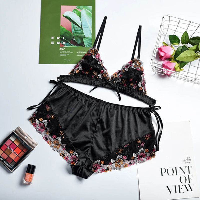 Women Embroidery Black Patchwork 2pc Lingerie Set - Lingerie Set - Boho Girl - Mad Fly Essentials