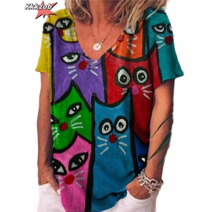 Women Fashion Black Abstract 3D Cat Animal Shirt - Shirt - ANPOETCHY - Mad Fly Essentials