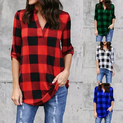Women Fashion Plaid V - neck Sweat Shirt - Shirt - Bessmini - Mad Fly Essentials