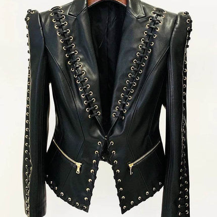 Women Fashion Rope Lace Leather Blazer Jacket - Jacket - HAGEOFLY - Mad Fly Essentials