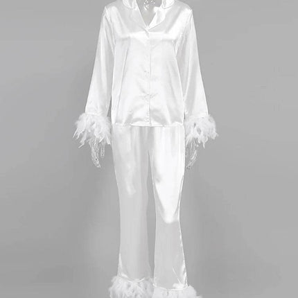 Women Feather Long 2pc Pajama Sleepwear Set - Sleepwear Set - mnealways18 - Mad Fly Essentials