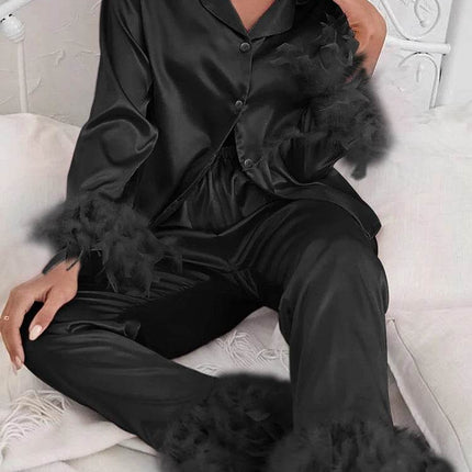 Women Feather Long 2pc Pajama Sleepwear Set - Sleepwear Set - mnealways18 - Mad Fly Essentials
