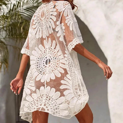 Women Floral Knitted Beach Coverup Cardigan Outerwear - Outerwear - Rose Gal - Mad Fly Essentials