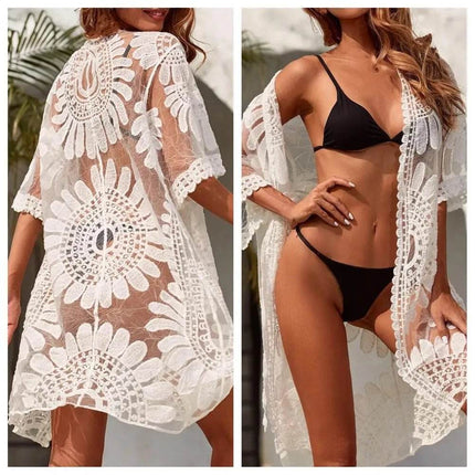 Women Floral Knitted Beach Coverup Cardigan Outerwear - Outerwear - Rose Gal - Mad Fly Essentials