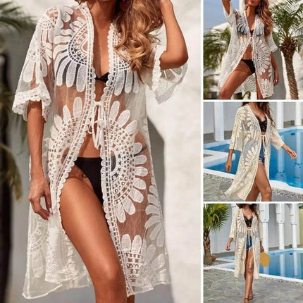 Women Floral Knitted Beach Coverup Cardigan Outerwear - Outerwear - Rose Gal - Mad Fly Essentials
