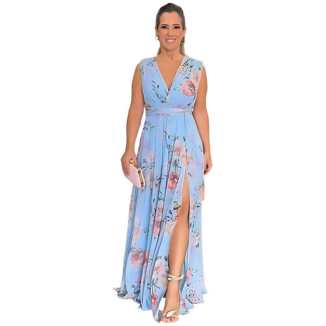 Women Floral Print V - Neck Sleeveless Maxi Dress - Maxi Dress - kalenmos - Mad Fly Essentials