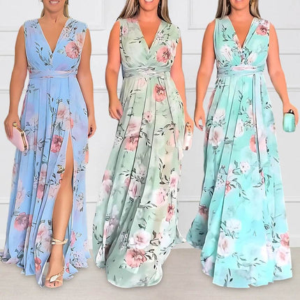 Women Floral Print V - Neck Sleeveless Maxi Dress - Maxi Dress - kalenmos - Mad Fly Essentials
