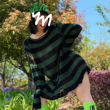 Women Gothic Striped Hollow Long Sweater - Sweater - lunoakvo - Mad Fly Essentials