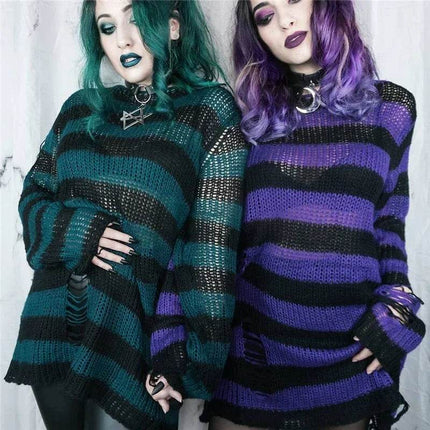 Women Gothic Striped Hollow Long Sweater - Sweater - lunoakvo - Mad Fly Essentials