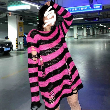 Women Gothic Striped Hollow Long Sweater - Sweater - lunoakvo - Mad Fly Essentials